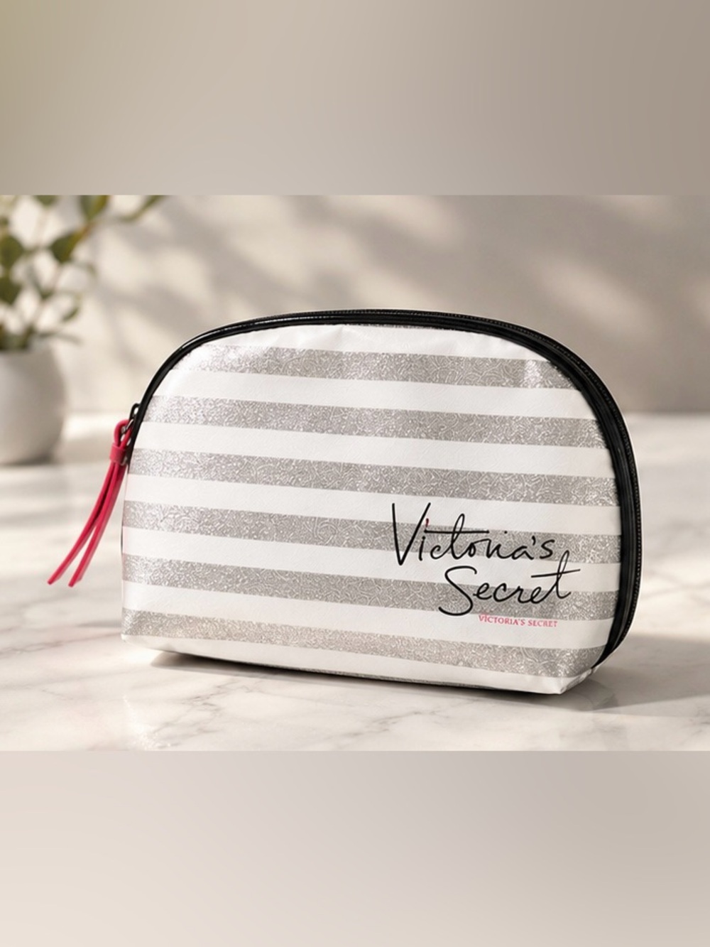 Victoria's Secret White and Silver Striped Cosmetic Makeup Bag